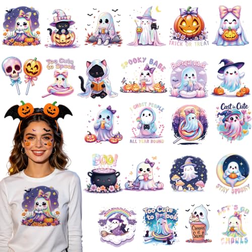 Dazoratix Halloween Iron on Transfers - 24 Sheets Cute Ghost DTF Ready to Press Boo Skull Pumpkin Heat Patches Candy Cat Stickers Vinyl Decals for T Shirts Clothing Pillow Bags DIY Crafts Decorations - style: Cute Halloween