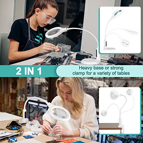 10X Magnifying Glass with Light and Clamp, 5 Color Modes Stepless Dimmable Lighted Magnifier with Stand, Flexible Gooseneck LED Desk Lamp Hands Free for Craft Painting Hobby Close Work - color: White, size: 10X