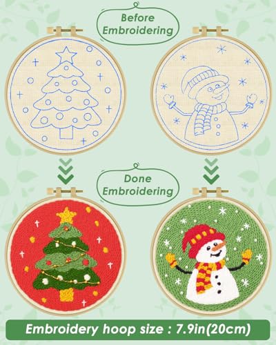 ERKOON Christmas Punch Needle Kit Adults Beginners, 2 Pcs DIY Easy Embroidery Set for Starter Art Craft, Needling Punch Project with Patterns, Tools, Yarns, Hoop, Instruction (ChristmasTree & Snowman) - color: ChristmasTree & Snowman