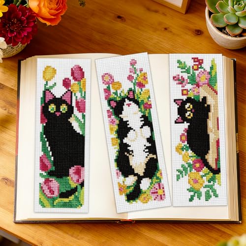 ORIGACH 6 Set Cat and Flower Cross Stitch Bookmark Kit for Beginner - style: Cat and Flower