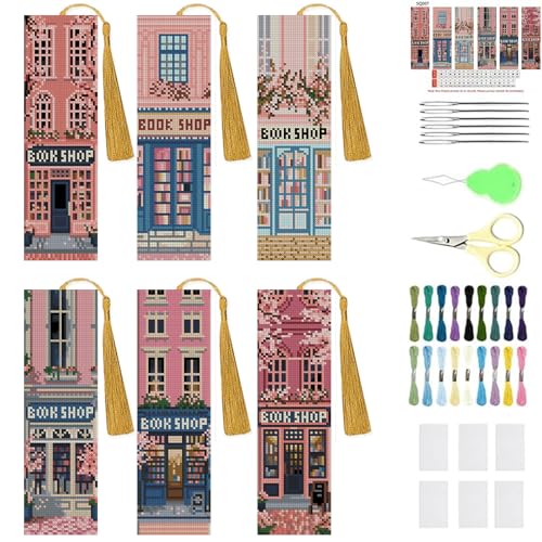 KYOQFVN 6 Pack Book Store Cross Stitch Bookmark, Cross Stitch Bookmarks Kit for Beginners Adults, 14CT Embroidery Bookmark Kit for Book Lovers Starter Craft 6 x 20cm - color: SQH002