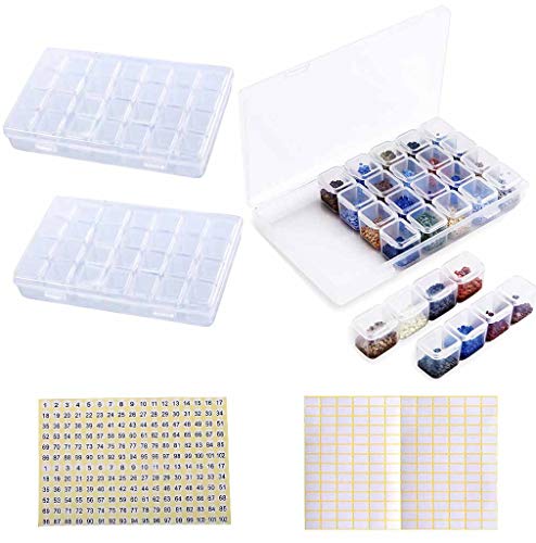 Eiito Diamond Painting Storage Containers, 2pcs 28 Grids Clear Diamond Painting Accessories and Tools Boxes Bead Organizers Diamond Art Embroidery Storage with 200PCS Label Stickers