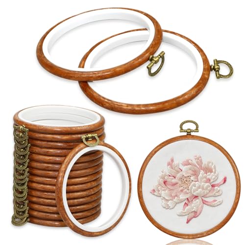 YICO 15 Pieces 3.6 Inch Round Embroidery Hoop Set, Imitated Wood Grain