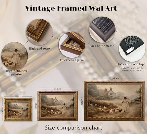 Vintage Gold Framed Farmhouse Wall Art Retro Country Farm Girl with Chicken Canvas Wall Decor Rustic Pastoral Scenery Painting Picture Artwork for Living Room Bedroom Home Decor - color: Chicken Coop, size: 16"L x 12"W