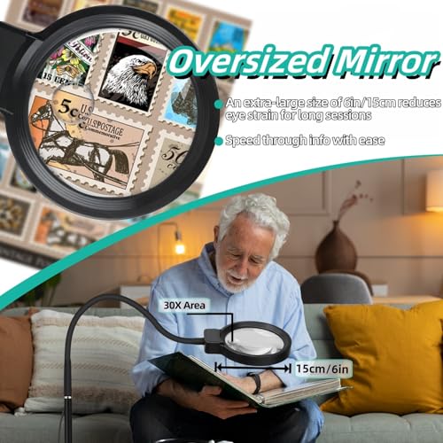 10X/30X Magnifying Glass with Light and Stand, 2-in-1 Magnifying Floor Lamp with 72 Adjustable Brightness LED Lamp Bulbs, Flexible Gooseneck Standing Magnifying Lamp for Close Work, Craft, Reading - color: Black