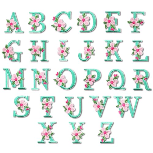 37Pcs Iron on Letters and Numbers Patches, Blue Flower Alphabet Embroidered Patch A-Z, Numbers 0-9 Applique for Clothes Hats Bags Jackets Jeans DIY Decoration - color: Mint blue letters and numbers, size: 37pcs