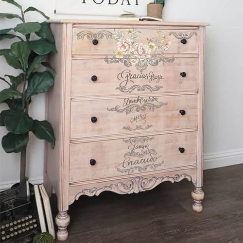 Floral Rub on Transfer for Furniture Wood Glass DIY - color: Peony and Quote