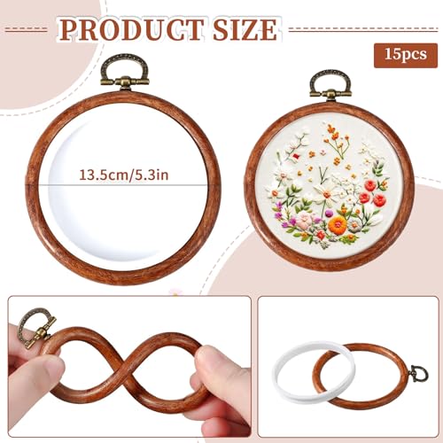 ZESHIHAOGUO 15 Pcs Round Embroidery Hoops - Rubber Ring Imitated Wood Frame Kits for Cross Stitch, DIY Craft, Sewing Projects Hanging Gifts (Brown, 5.31 Inch) - size: 5.31 Inch