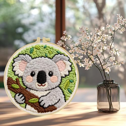 ZuoAnLF Punch Needle Kit for Beginner, Rug Yarn Hooking Beginner Kit with Instruction, Punch Needle Fabric with Pattern, Yarns, Embroidery Hoops for Punch Needle 20CM/9.8INCH (Koala) - color: koala