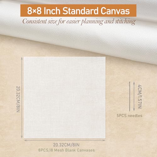Kaitiaki 18 Mesh Needlepoint Canvas 8 x 8 Inch, 8 Pack 100% Cotton 18CT Blank White Sheets with 5 Needles, Boxed No-Fold Refill Pack for DIY Needlepoint Embroidery Crafts - color: White 18mesh-8x8 in