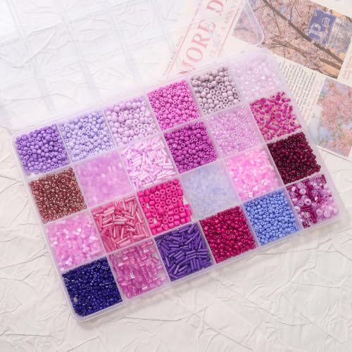 24 Grid Purple Glass Seed Bugle Tube Beads Kit for Jewelry Making DIY Craft - color: purple, size: 24 Grid