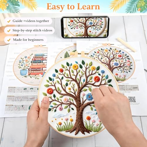 FEIYUENO 3 Sets Embroidery Stitch Kit for Beginners Adults (Tree Book) - color: Book Tree