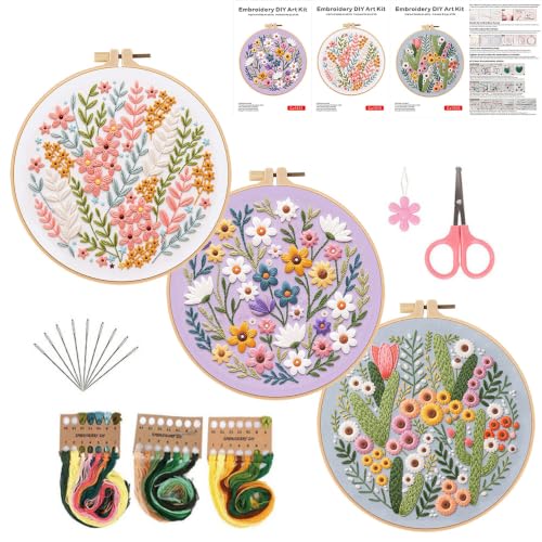 Konrisa Blossoms Embroidery Kit for Adults Beginners, Floral Stamped Embroidery Starter Kit DIY Sewing Practice, Needlepoint Cross Stitch Set of 3 - color: flowers03