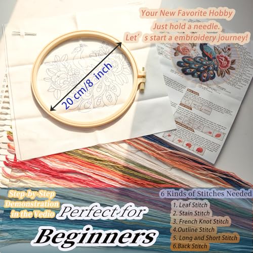 FONNUY Flower Peacock Embroidery Kit for Beginners, Cross Stitch Kits for Adults, Handmade Crafts with Printed Pattern Set, Color Thread Needlework, 8'' Hoop (Peerless Peacock) - color: Peerless Peacock