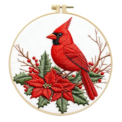 Zhenqing Cardinal Embroidery Kit for Beginners, Red Bird & Holly Needlework Craft with Pre-Printed Cotton Fabric, Hoop, Threads & Tools, Winter Holiday Decor (C0202) - color: Cardinal