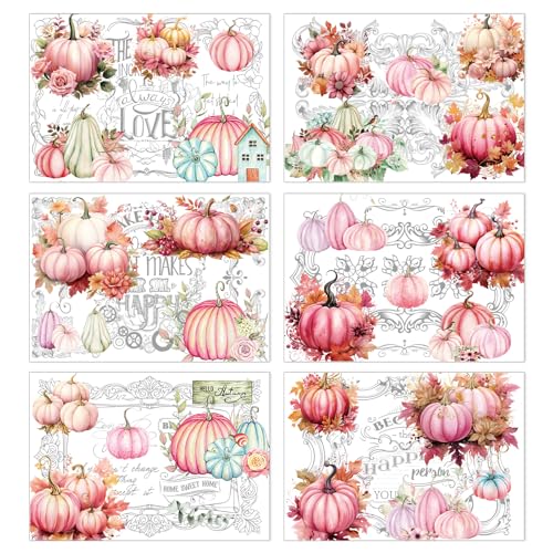 Wxiben Fall Rub on Transfer for Crafts - 6 Sheet Pink Pumpkin Rub on Transfers Stickers Autumn Harvest Thanksgiving Rub on Transfer Furniture Decals for Wood Scrapbook DIY Crafts Home Office Decor - style: Pink Fall Pumpkin