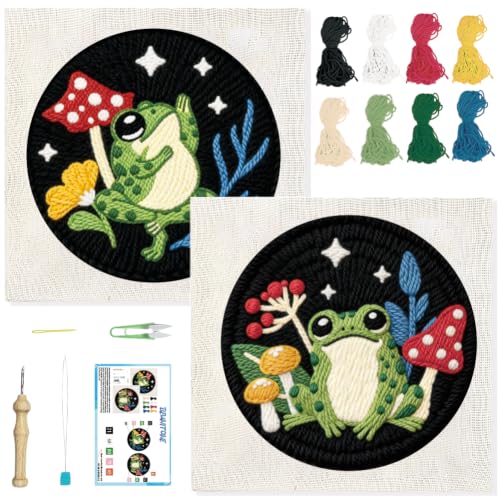 BEUNITONE 2PCS Punch Needle Kit for Adults Beginners, Frog Mushroom Needlepoint Crafts Kit for Adults, Complete Embroidery Starter Kit with Pre-Print Pattern and Hoop for Home Decor 7.9"x7.9" - color: 08-Frog Mushroom