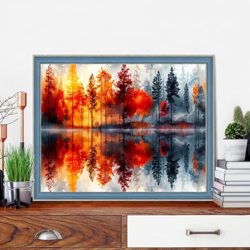 Lake Forest Reflection Stamped Cross Stitch Kits for Adults Beginners - color: Tree Landscape