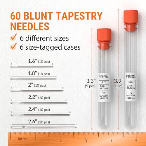 VONEEDL Large Eye Blunt Tapestry Needles (Pack of 60) - 6 Sizes with 6 Storage Tubes - Perfect for Darning, Embroidery, Cross-Stitching, Needlepoint, Crafting, Knitting, Weaving, and DIY - size: 60pcs - 6 sizes