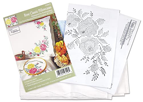 Tobin Stamped Pillowcase Pair for Embroidery, 20 by 30-Inch, Rose Classic