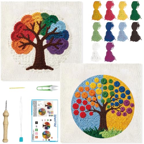 BEUNITONE 2PCS Punch Needle Kit for Adults Beginners, Rainbow Tree of Life Needlepoint Crafts Kit for Adults, Complete Embroidery Starter Kit with Pre-Print Pattern and Hoop for Home Decor 7.9"x7.9" - color: 11-Colorful Tree