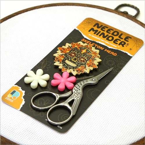 Awesome Pattern Studio Needle Minder Set - Skeleton Head Magnetic Needle Minder + 2 Needle Threaders + Crane Scissors. Enamel Pin for Cross Stitch, Embroidery and Craft - size: Skeleton Head Set #2