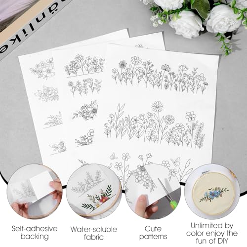 Ouligay 26 PCS Water Soluble Embroidery Patterns Water Soluble Embroidery Paper Wildflowers Stick and Stitch Embroidery Paper Floral Embroidery Transfer Paper for DIY Hand Sewing