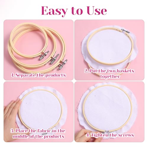 Bewudy 3 Pieces Embroidery Hoops, 4/5/6 inch Round Embroidery Hoops, Round Bamboo Cross Stitch Hoop Adjustable Stitch Hoop for Embroideries Cross Sew Art Craft Sewing