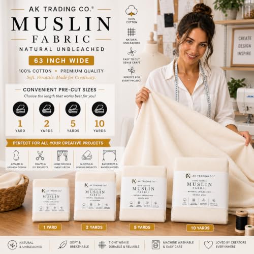 AK TRADING CO. Muslin Fabric/Textile Unbleached - Draping Fabric - Natural 10 Yards Medium Weight - 100% Cotton (63in. Wide) - color: Natural Unbleached, size: 10 Yards