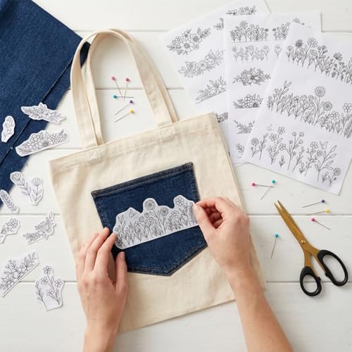 3 Sheets Water Soluble Embroidery Stabilizer, Water Soluble Stabilizer Stick and Stitch Embroidery-Paper Designs Transfer Paper with Pre-Printed Flower and Leaf for Hand Sewing for Embroidery Patterns