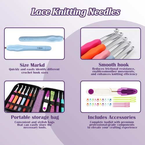 Yarniss 20 Sizes Ergonomic Crochet Hooks Set for Beginner 0.5mm-10mm - size: 20 Size(0.5~10.0mm) Purple