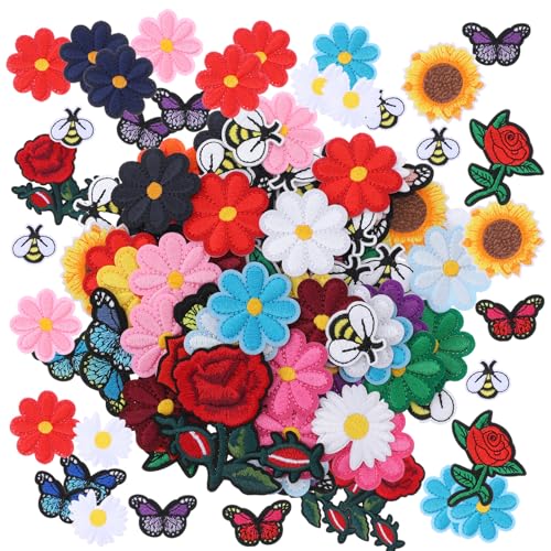 72 Pcs Flower Iron on Patches Colorful Butterfly Embroidered Iron On Patches for Clothing Sewing Patch Cute Daisy Flower Bee Applique Patch for Clothing Jackets Jeans Pants Hats Backpacks