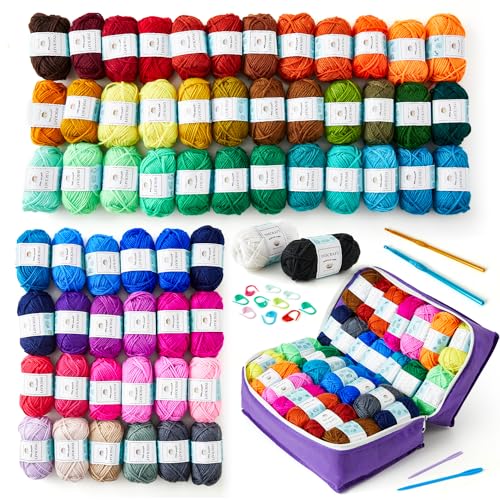 INSCRAFT 62 Acrylic Yarn Skeins, 2170 Yards Yarn for Knitting, 2 Crochet Hooks, 2 Weaving Needles,10 Stitch Markers, 1 Purple Bag, Perfect Crochet Beginner Kit for for Adults - color: purple