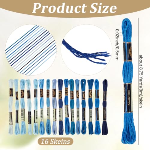 16 Skeins 140 Yard Blue Embroidery Floss 6 Ply Gradient Color Embroidery Thread Polyester Cross-Stitch Threads Friendship Bracelets String for Hand Embroidery String Art DIY Creation - color: Blue