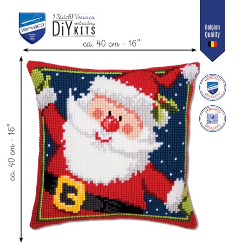 Vervaco Cross Stitch Christmas Pillow Kit TA-DAA Santa DIY Home Decor Stamped Embroidery Chunky Cross Stitch Cushion Craft Supplies ca. 16" x 16" Needlepoint Kits for Adults Creative Gift - size: Happy Santa