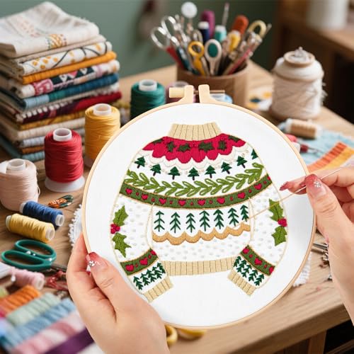 Crafmanoe Christmas Embroidery Kits for Beginners Embroidery Stitches Practice Kits for Adults, Christmas Cross Stitch Kits for Beginners Craft Kits, Embroidery Hoops, Fabric, Threads & Video Tutorial - color: H2050