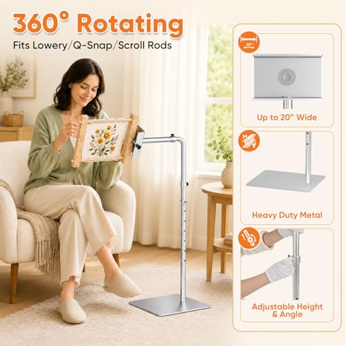 Workstand with Side Clamp, Adjustable Cross Stitch Floor Stand, Rotating Needlepoint Stand, Fits Lowery Stand, Q-Snap Frames and Scroll Rods Up to 20" Wide, Heavy Duty Metal Construction