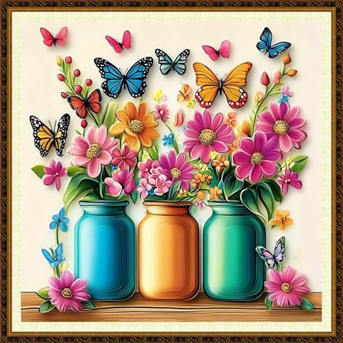 Redxing Counted Cross Stitch Kit for Beginners,Unprinted Needlepoint Kits for Beginners Cross Stitching Embroidery Kit 11CT Stitches kit-Butterfly Flower Vase 18x18 inch - color: KitColors41