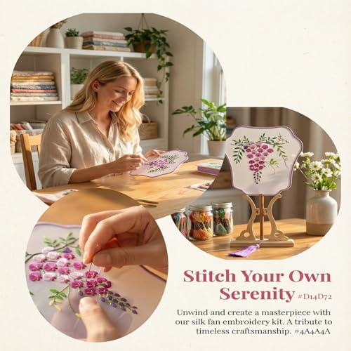 QIZUOLIFE Embroidery Fan Kit for Beginners, pre-Printed Wisteria Pattern - style: Wisteria's Graceful Dance