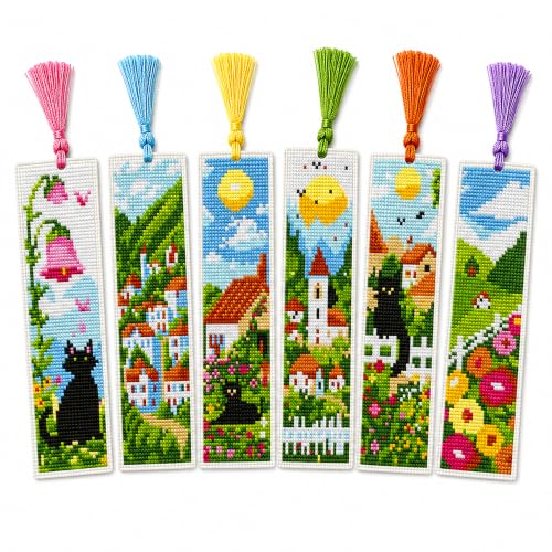 Zhenqing Black Cat Stamped Cross Stitch Bookmark Kit, 6 Designs - color: Cottagecore Black Cats in Countryside Gardens
