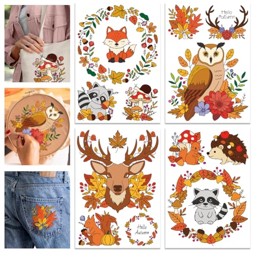 GLOBLELAND 4 Sheets Autumn Animals Water Soluble Embroidery Pattern