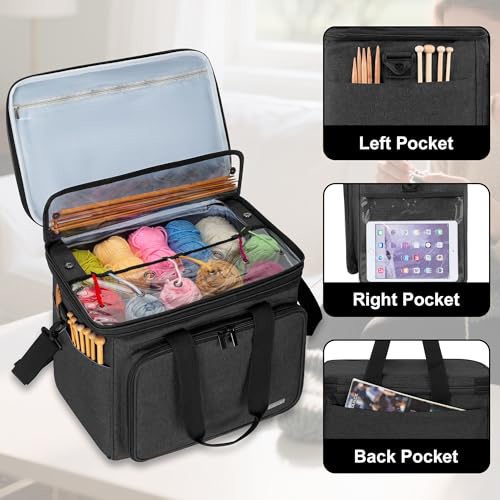 Teamoy Crochet Bag, Knitting Bag Yarn Storage Tote, Yarn Organizer, Black - color: Black
