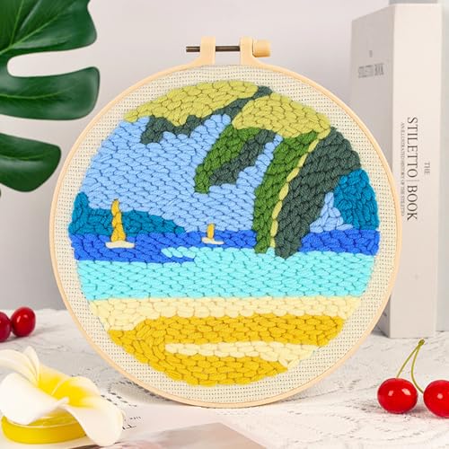Woohome Punch Needle Kit Included Plastic Hoops, Punch Needle Cloth, Color Yarn and Punch Needle Tools for Adults, Beginners (Lighthouses, Sailboats, Blue Sky) - color: Color 15