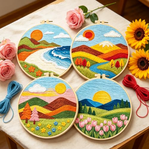 BEUNITONE 4 Set Embroidery Kit for Adults Beginner with Hoops & Instruction - style: C-Beginner Scenery