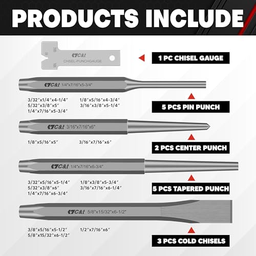 C&T 16-Piece Punch and Chisel Set with Storage Pouch, Including Taper Punch, Cold Chisels, Pin, Center Punch, Chrome Vanadium Steel - size: 16-Piece
