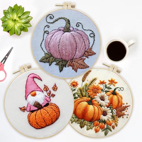 LB Pink Fall Embroidery Kit for Beginners Adults, 3 Sets Hand Embroidery Starter Kit with Gnome Pattern and Instructions Stamped Cross Stitch Kits Include Embroidery Hoop Needles Threads Scissors - color: Orange Pink