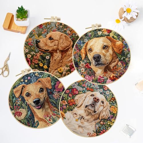 LB 4 Pack Cute Dog Flower Embroidery Kit for Beginners Funny Animal Beginner Embroidery Kit for Adults DIY Starter Kit with Embroidery Hoop Colorful Threads Tools Step by Step Instructions - color: Brown