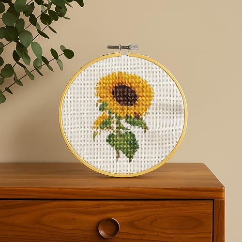 DUTCH STITCH BROTHERS - Sunflower Counted Cross Stitch 6" Hoop and Pattern Included - Cross Stitching Kits for Adults Advanced and Beginners - color: DSB039 Aida