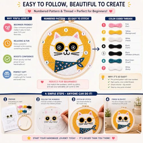 CELCRAFTIQUE Punch Needle Kits for Adults Beginner, Tool with Punch Needle Fabric, Hoops, Yarns and Sewing Needles (Lemon Cat) - color: Lemon Cat