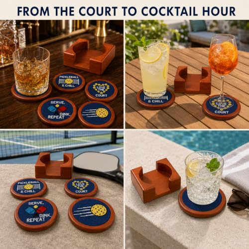 Khen Pickleball Hand-Stitched Needlepoint Coasters - Set of 4, Wooden Holder Solid Wood Needlepoint Inlay French Cotton Thread 4" Durable Decorative Gift, Drink Mats Unique Pickleballers Barware Gifts